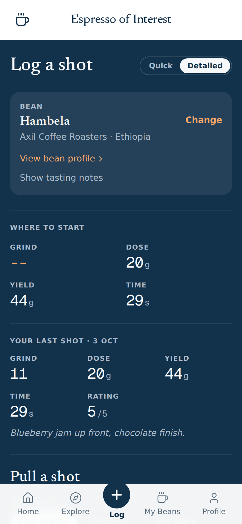 Logging a shot: the bean, the roaster's recipe of 20 g in and 44 g out in 29 seconds, and the last shot