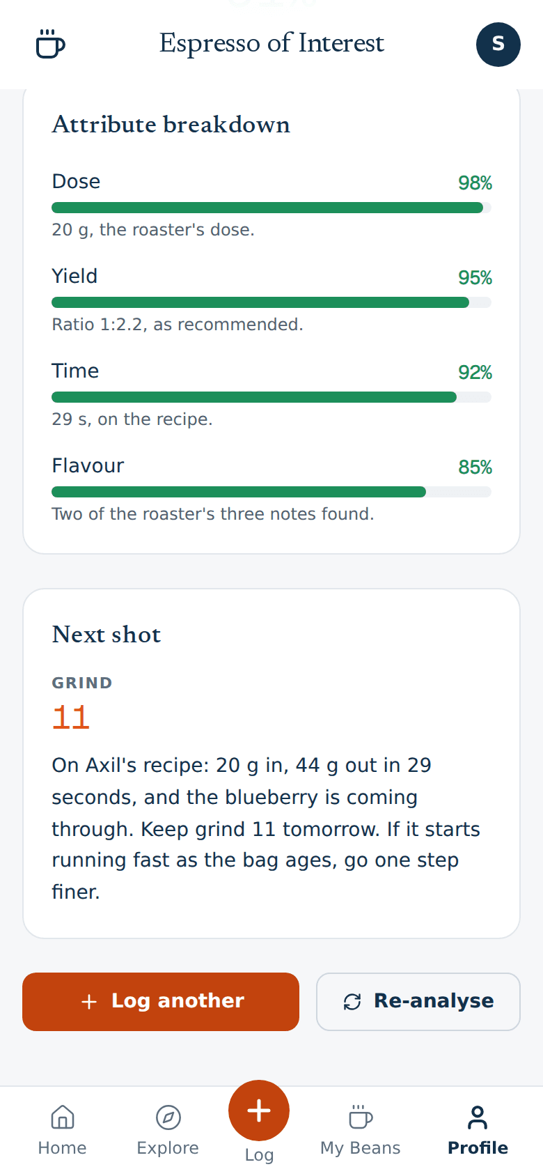 A shot's score breakdown for dose, yield, time and flavour, and the recommended grind for the next shot