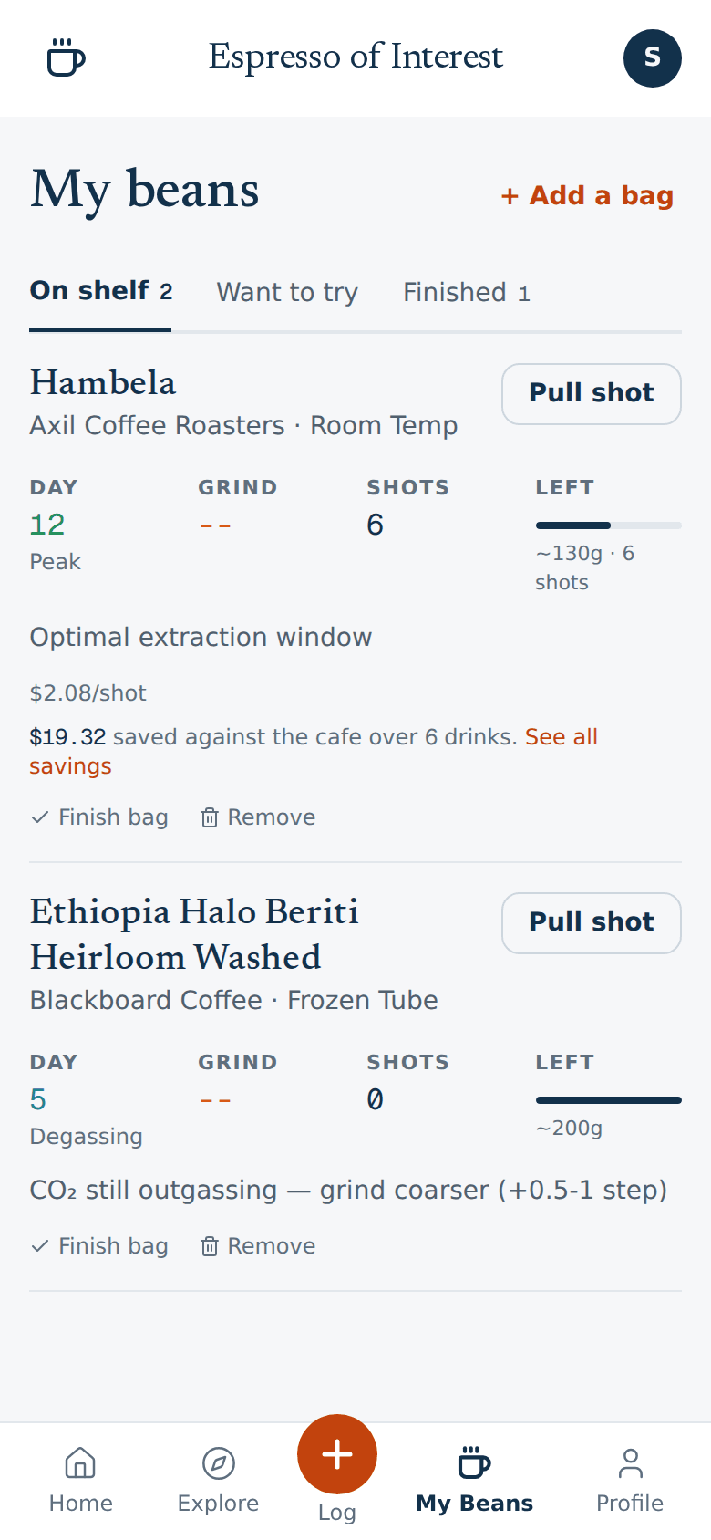 The shelf: two bags with day off roast, grind, shots pulled and grams left